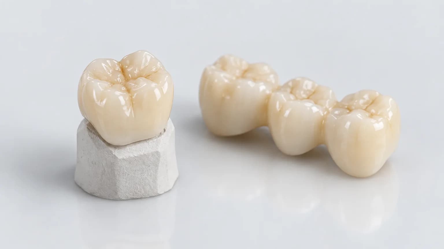 ภาพจำลองครอบฟันเซอร์โคเนียบนแบบจำลองฟัน และสะพานฟัน 3 ซี่