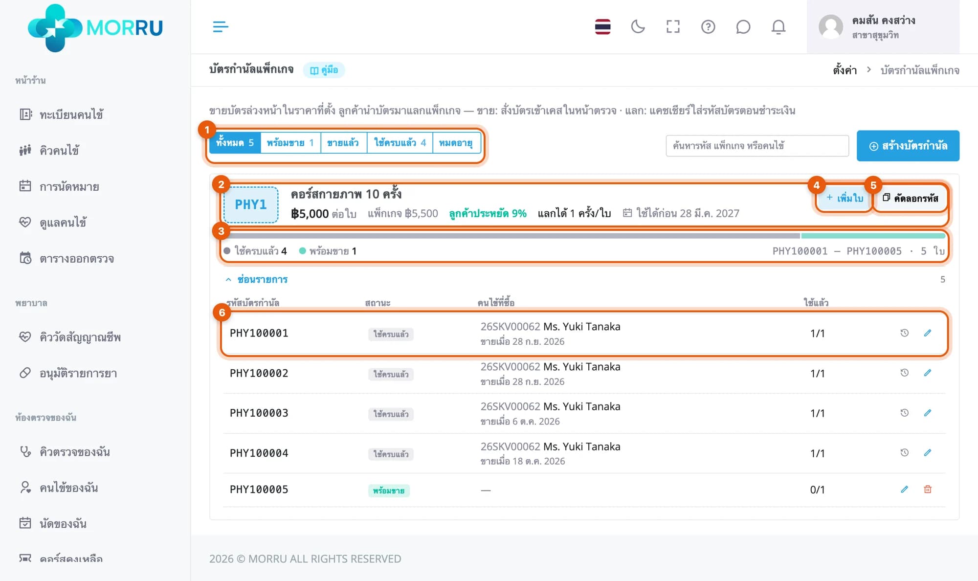 ชุดบัตร PHY100001 ถึง PHY100005 ใช้ครบแล้ว 4 ใบ พร้อมขาย 1 ใบ ใบแรกขายให้ Yuki Tanaka ใช้แล้ว 1 จาก 1
