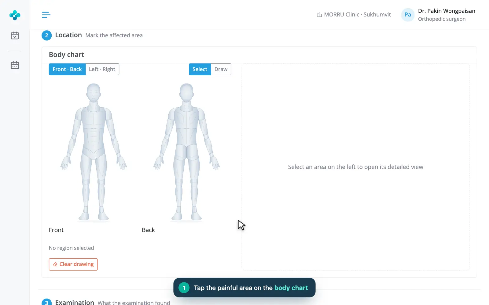 Ortho exam with a clickable body chart